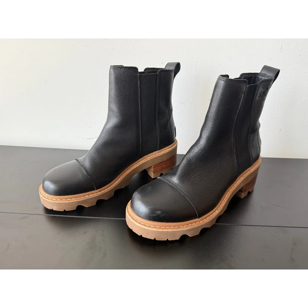 Sorel Joan Now Chelsea Boots Womens 11 Black Leather Lug Sole Block Heel
